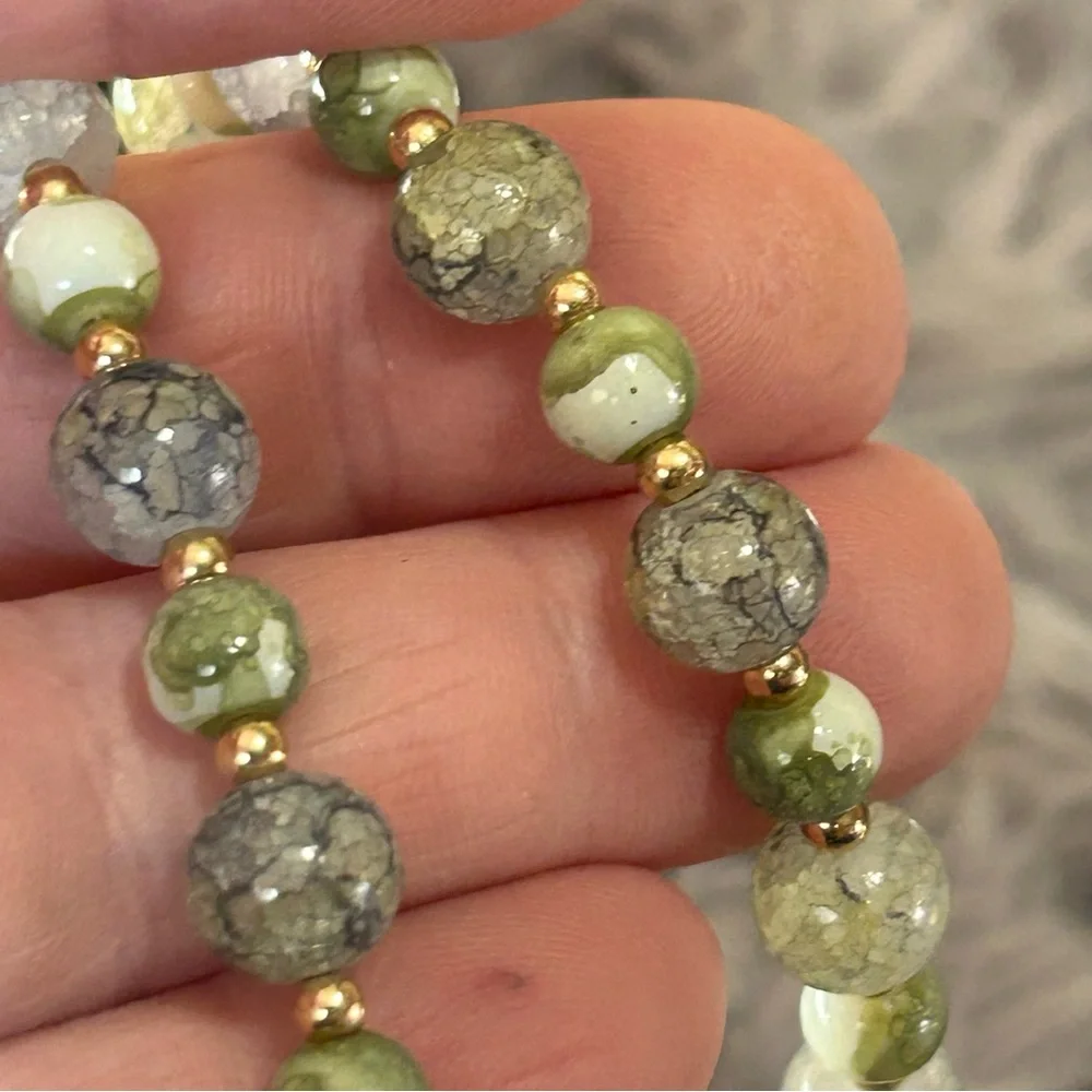 Handcrafted green tone art glass bead necklace